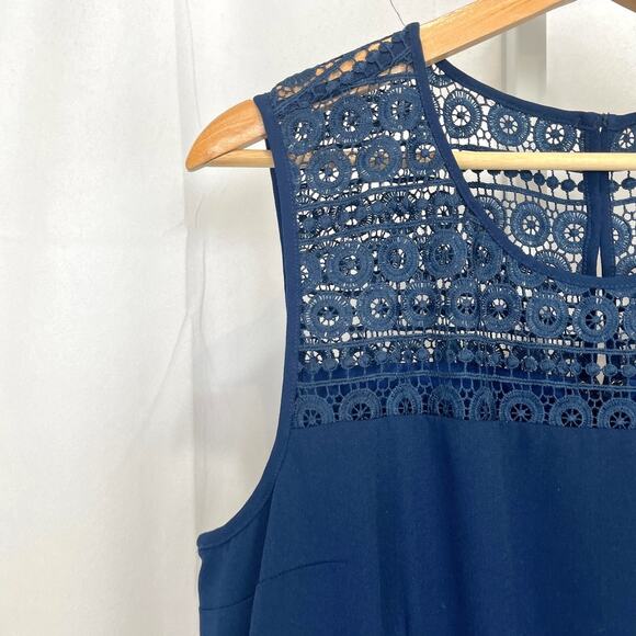 FERVOUR Modcloth Pleated Midi Dress Sheer Lace Trim Sleeveless Navy Blue Size XL - Picture 5 of 8